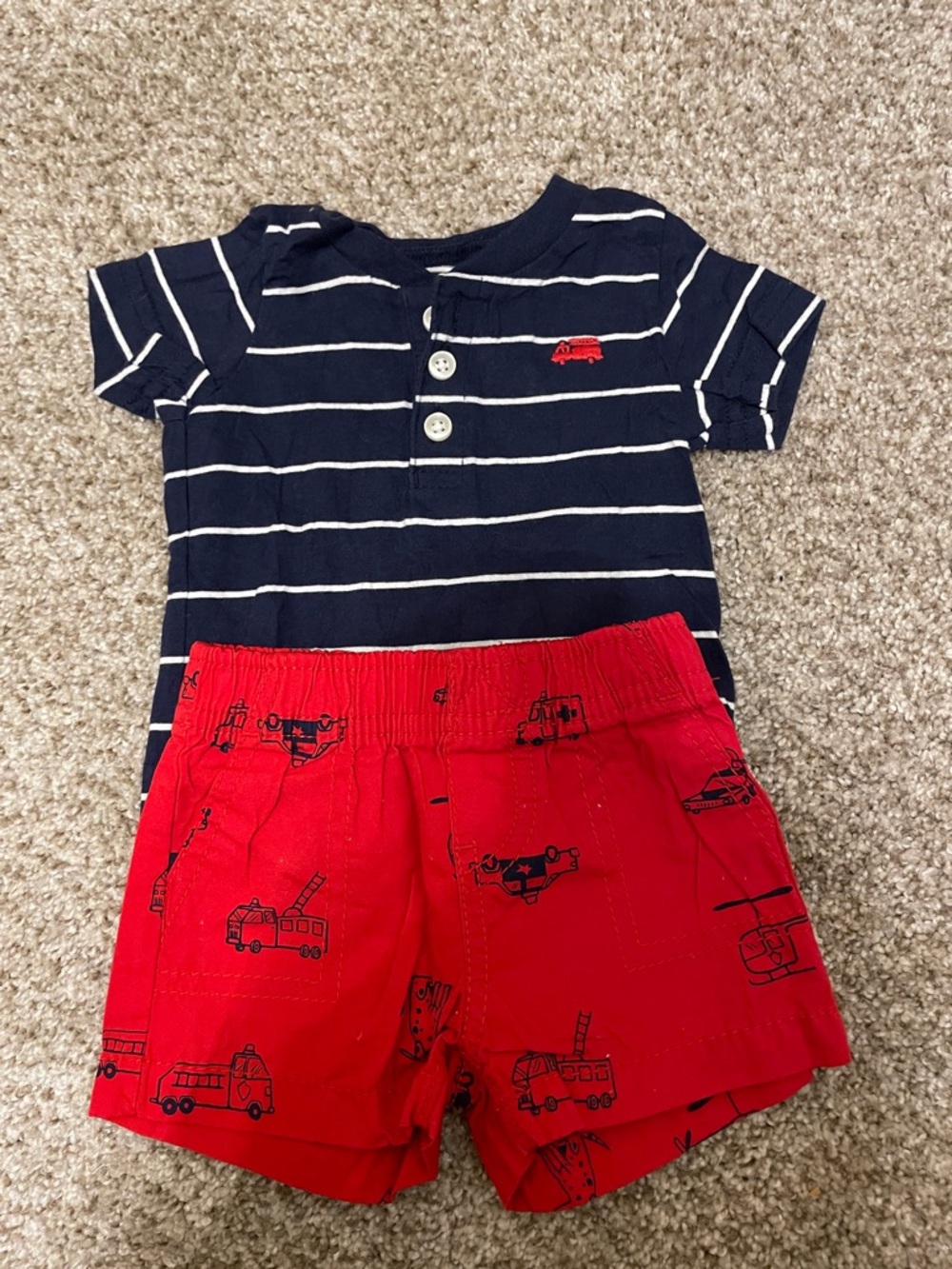 Carter's Navy and White Striped Baby Henley with Red Truck
